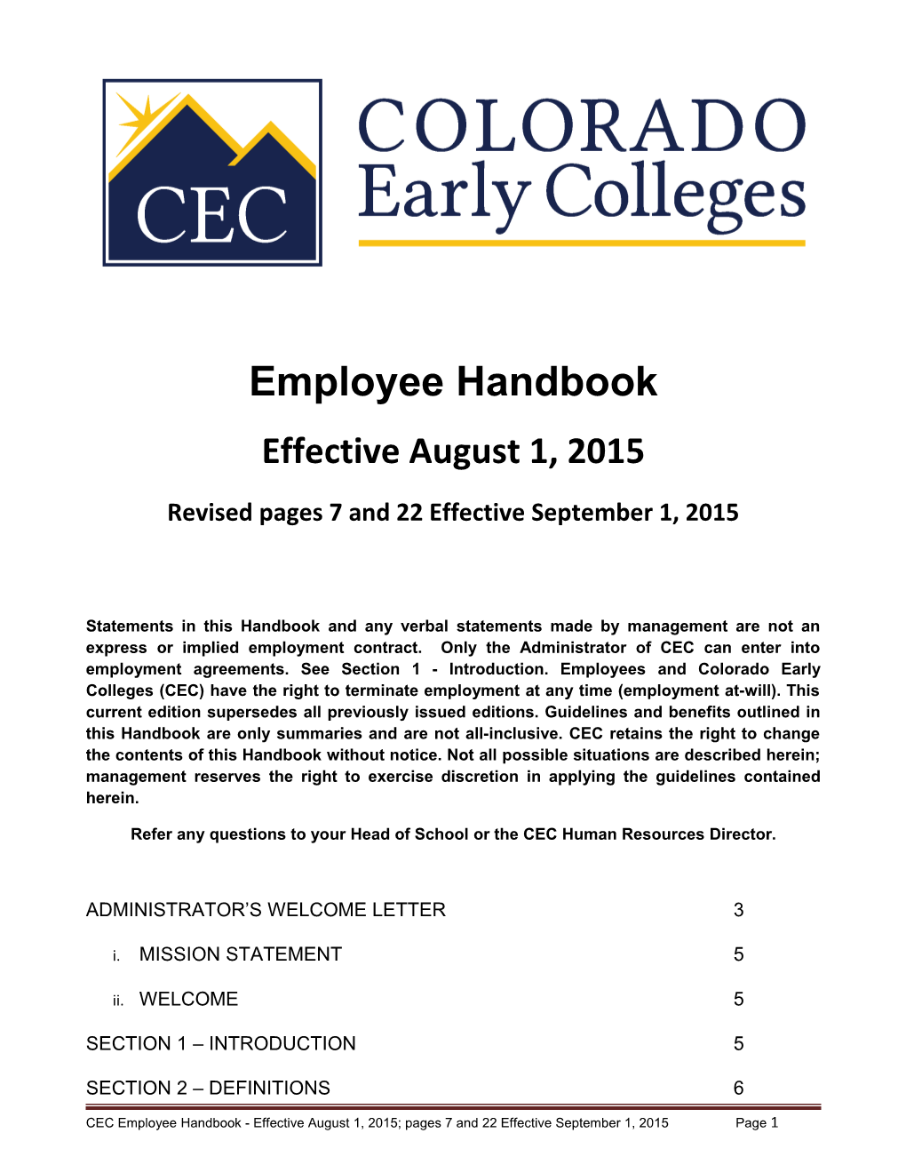 Revised Pages 7 and 22 Effective September 1, 2015
