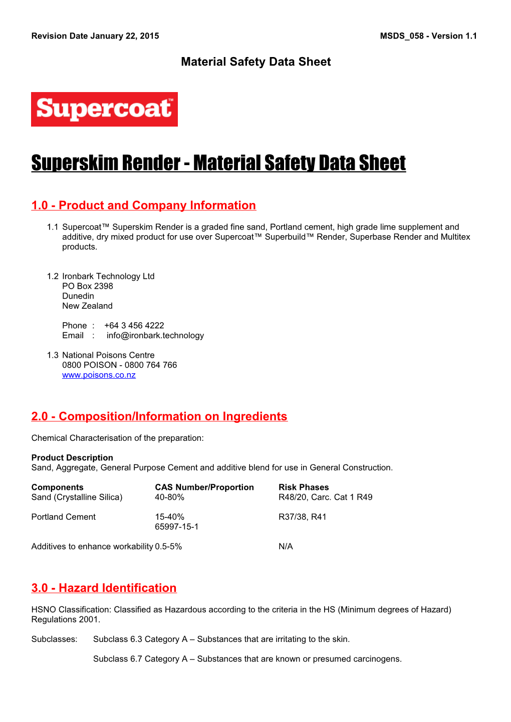 Revision Date January 22, 2015 MSDS 058 - Version 1.1