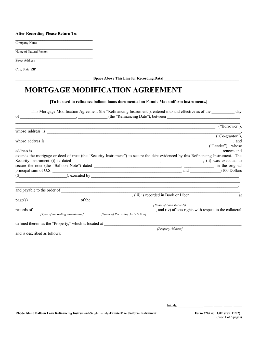 Rhode Island Balloon Loan Refinancing Instrument (Form: 3269.40): Word