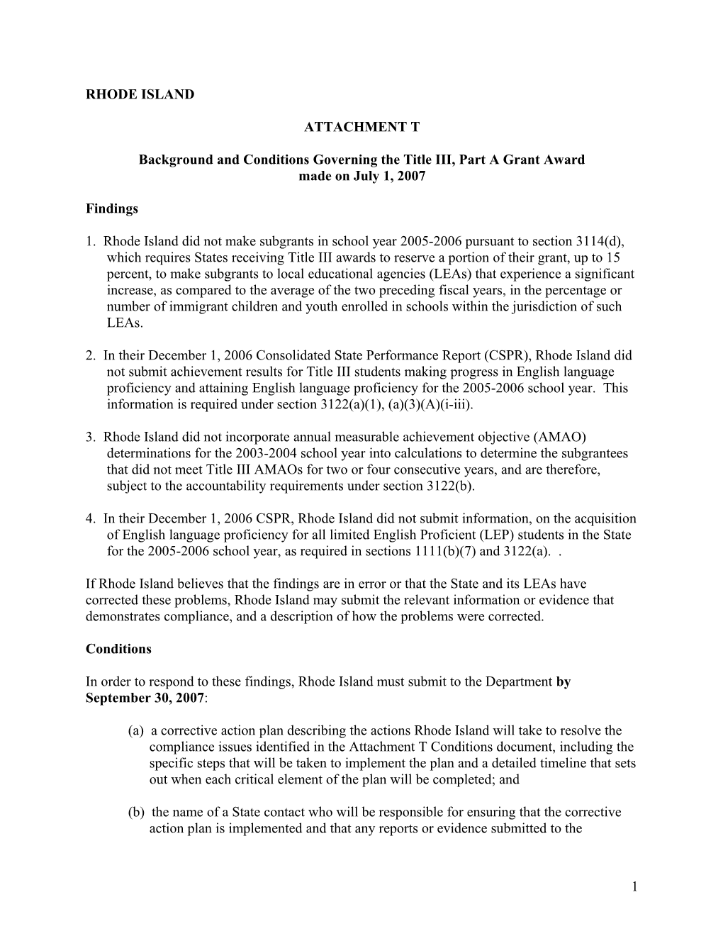 Rhode Island's 2007 Attachment T - Background and Conditions Governing the Title III, Part