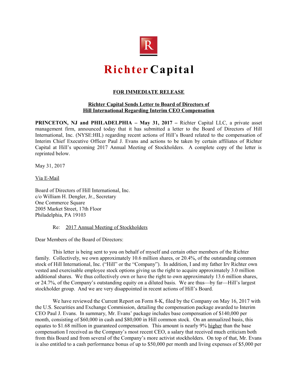 Richter Capital Sends Letter to Board of Directors Of