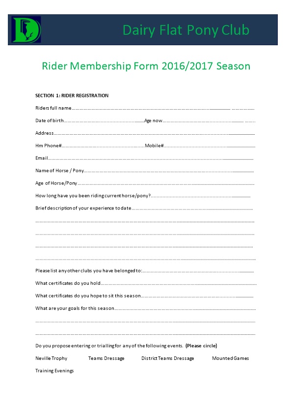 Rider Membership Form 2016/2017 Season