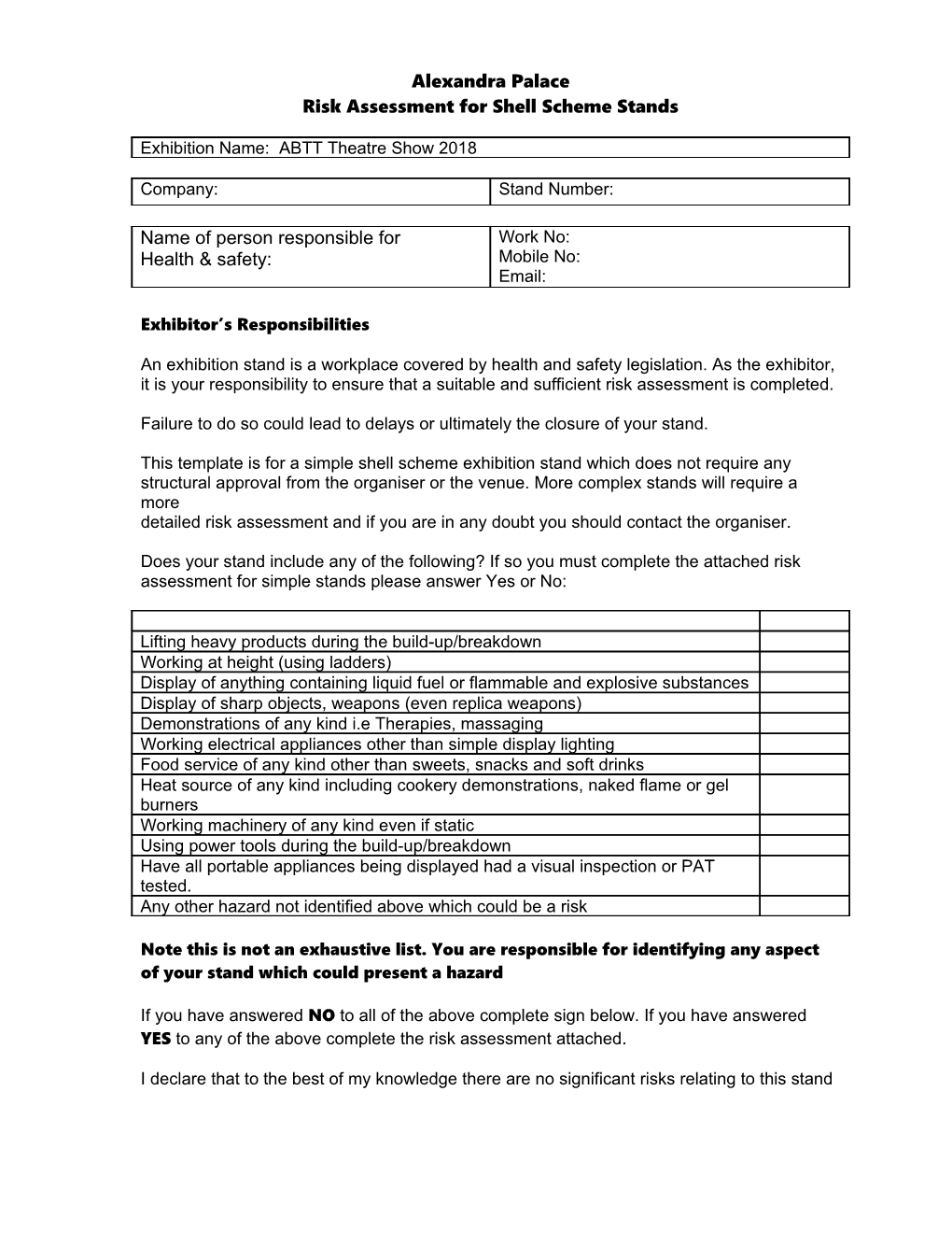 Risk Assessment Template for Simple Exhibition Stands - Docest