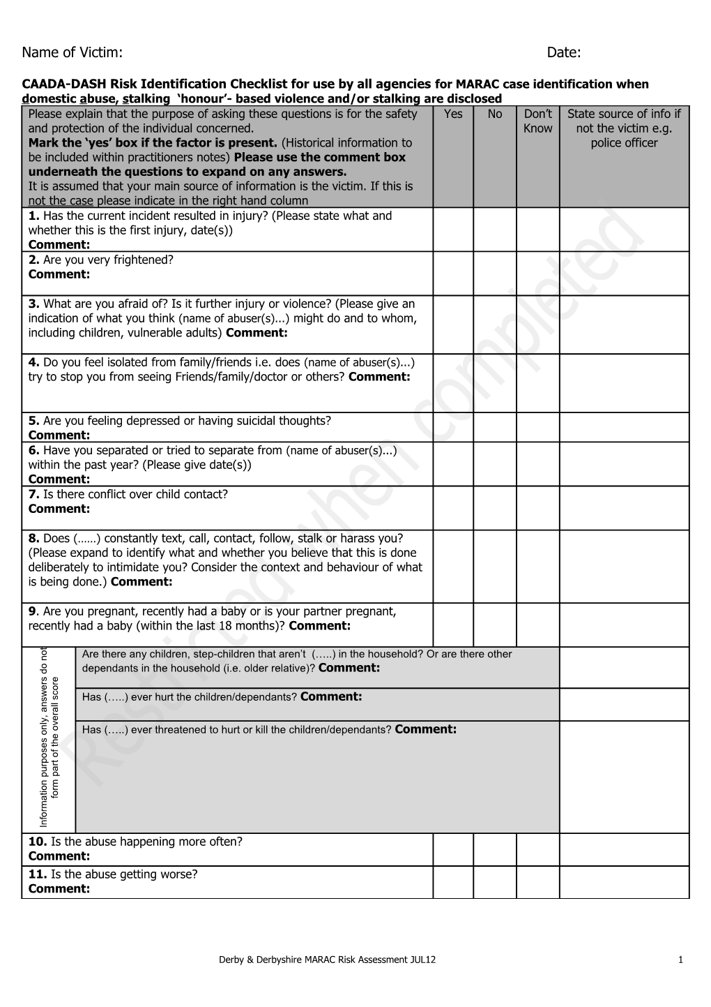 Risk Indicator Checklist for Use by Idvas and Other Non-Police Agencies4 for MARAC Case