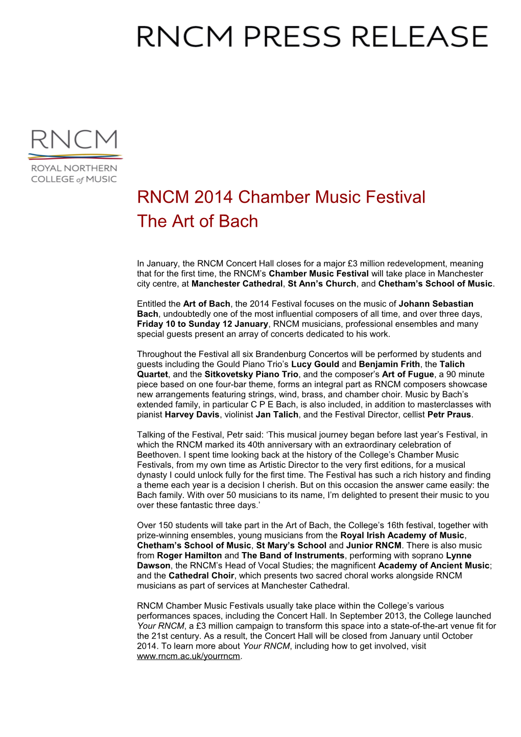 RNCM 2014 Chamber Music Festival the Art of Bach