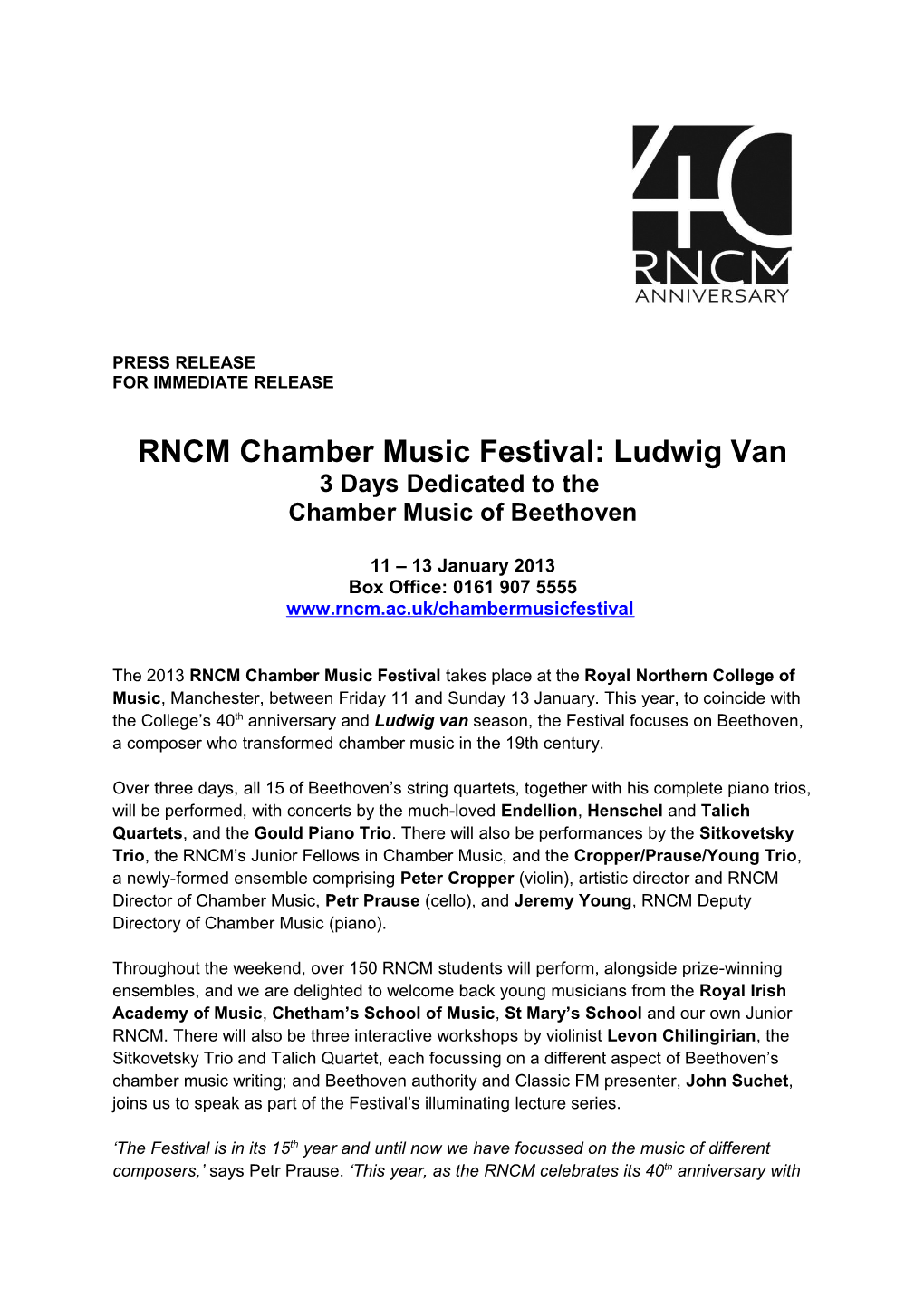 RNCM Chamber Music Festival: Ludwig Van