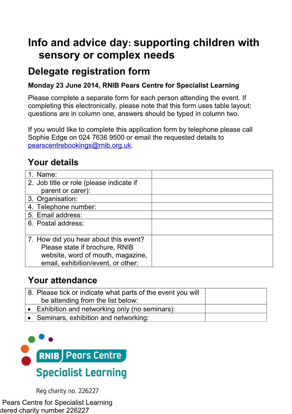 RNIB Pears Centre Training Event Booking Form