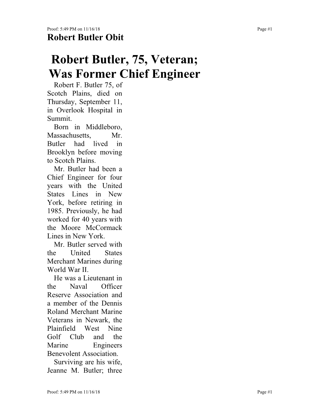 Robert Butler, 75, Cl-Fief Ship Engineer