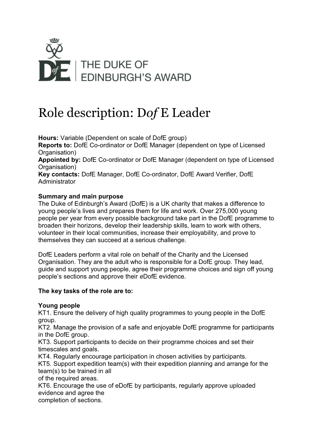 Role Description: Dofe Leader