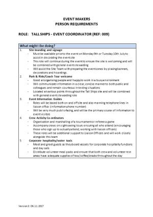 Role: Tall Ships - Eventcoordinator (Ref: 009)