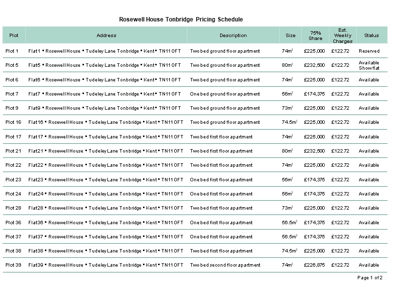 Rosewell House Tonbridge Pricing Schedule