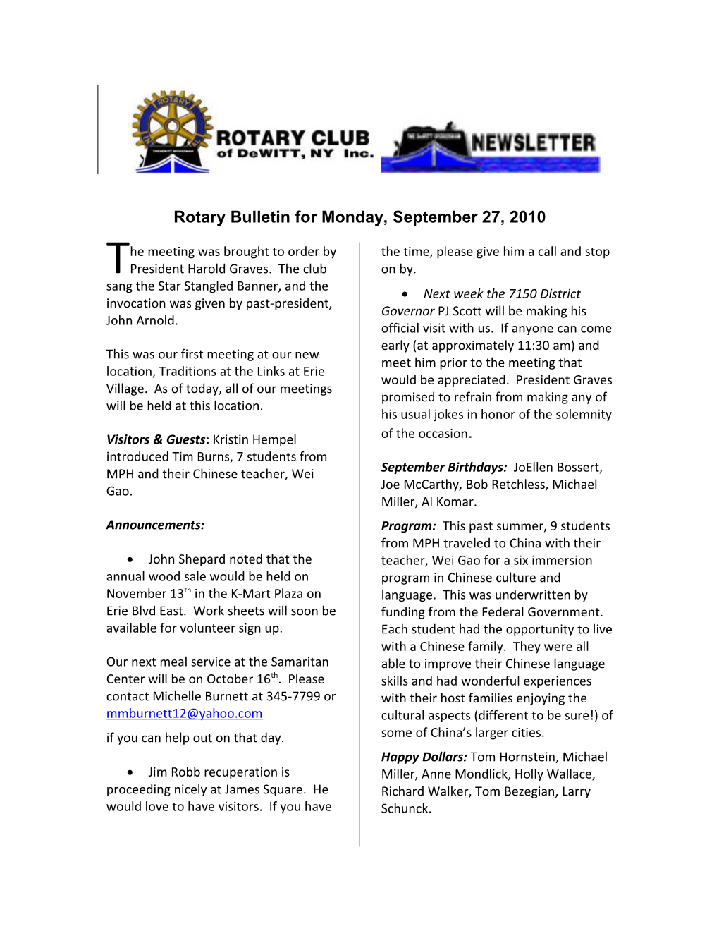 Rotary Bulletin for Monday, July 12, 2010
