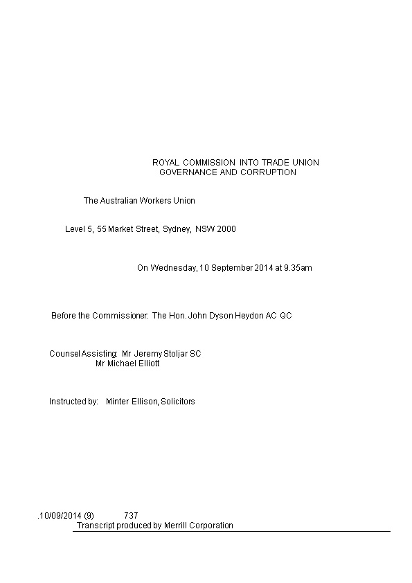 Royal Commission Into Trade Union Governance and Corruption, Transcript, 10 September 2014