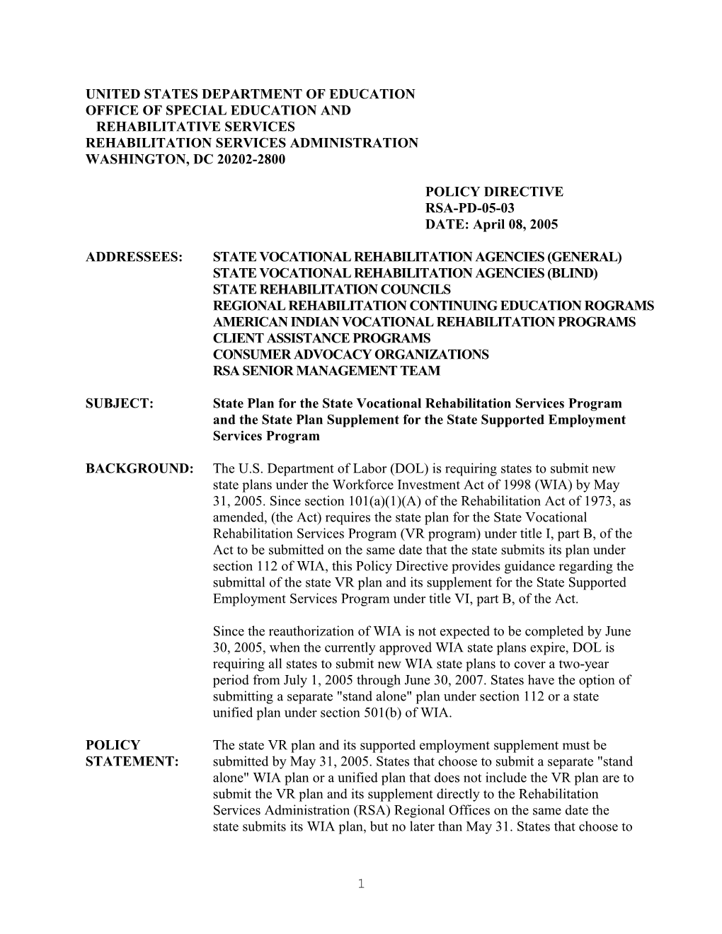 RSA-PD-05-03 RSA Policy Directive