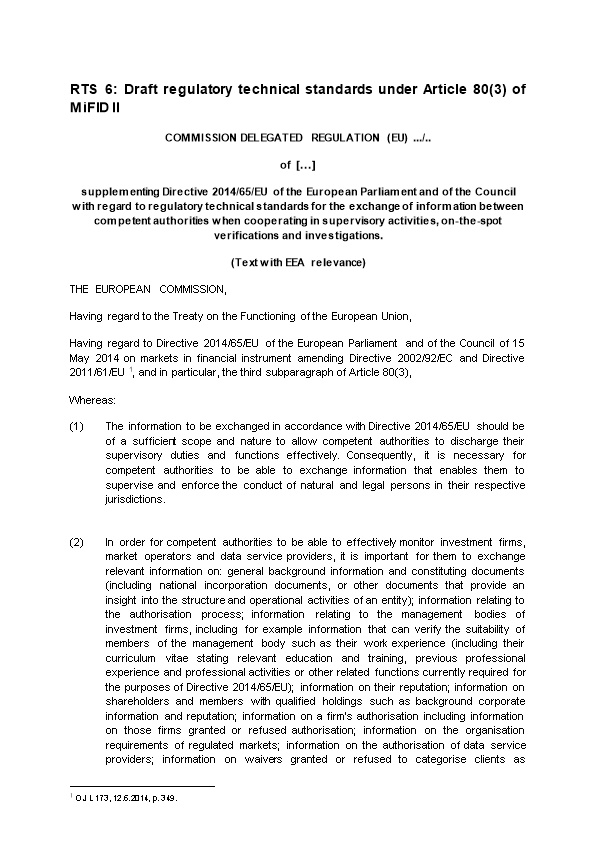 RTS 6: Draft Regulatory Technical Standards Under Article 80(3) of Mifid II
