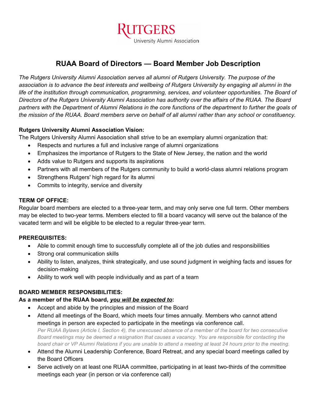 RUAA Board of Directors Board Member Job Description
