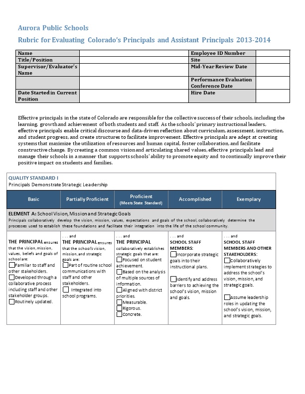 Rubric for Evaluating Colorado S Principals and Assistant Principals 2013-2014