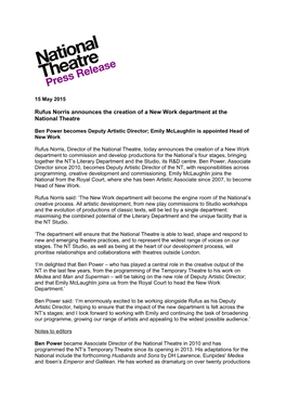 Rufus Norris Announces the Creation of a New Work Department at the National Theatre