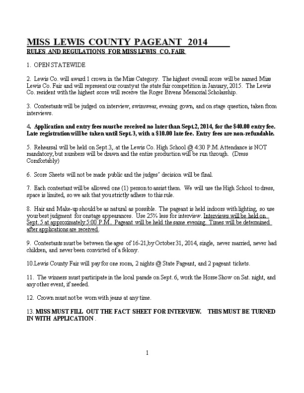 Rules and Regulations for Miss Lewis Co. Fair