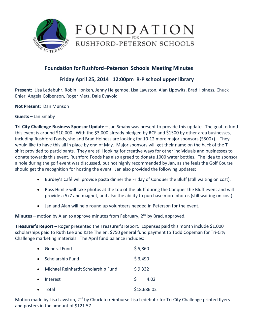 Rushford Peterson School Foundation Meeting Agenda