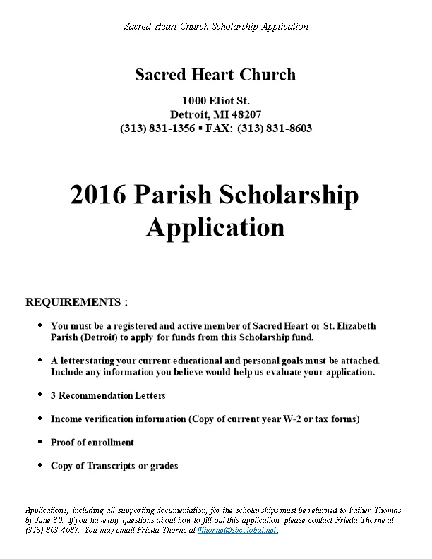 Sacred Heart Church Scholarship Application