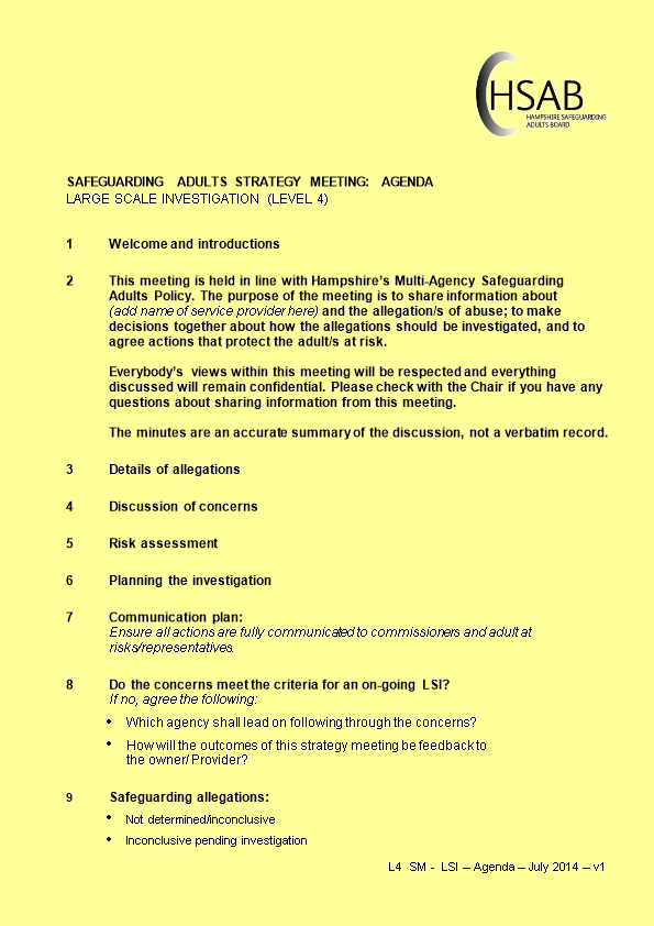Safeguarding Adults Strategy Meeting: Agenda Large Scale Investigation (Level 4)