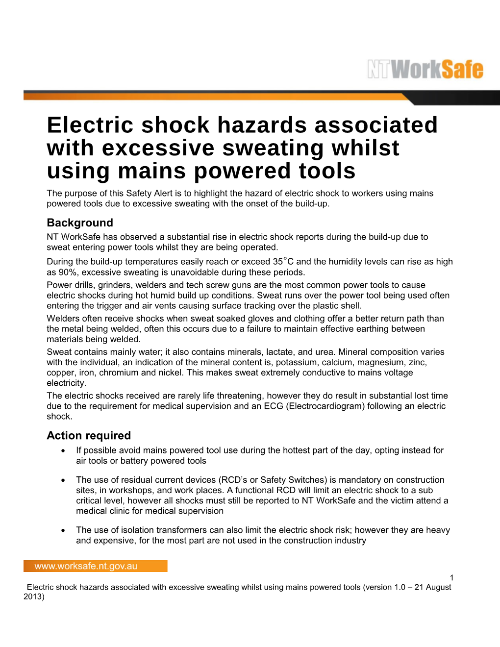 Safety Alert - Electric Shock Hazards Associated with Excessive Sweating Whilst Using Mains