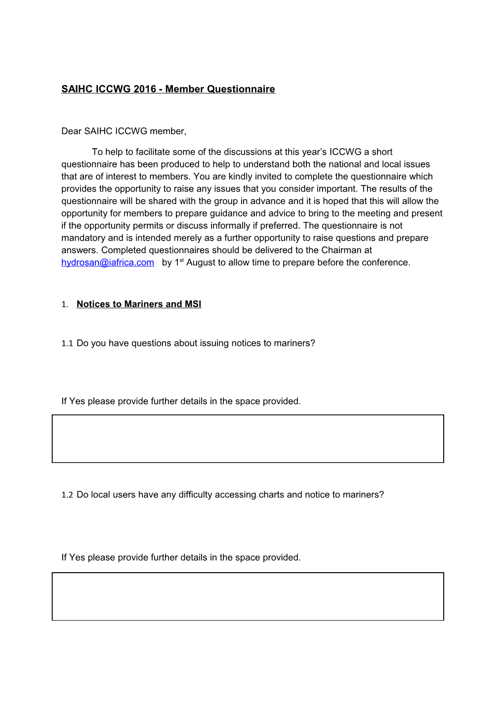 SAIHC ICCWG 2016 - Member Questionnaire