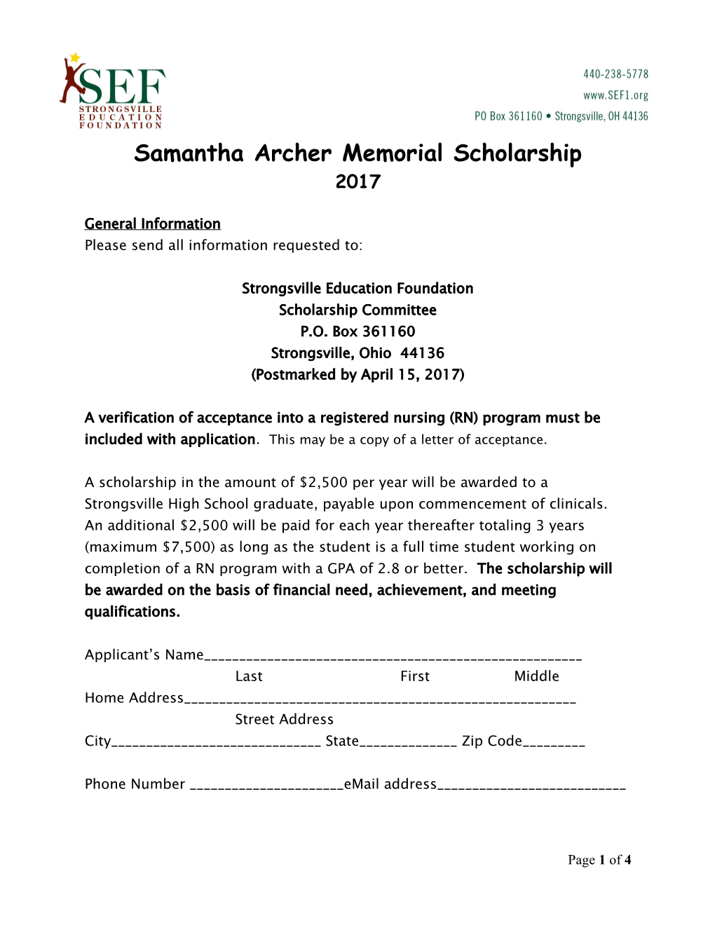 Samantha Archer Memorial Scholarship