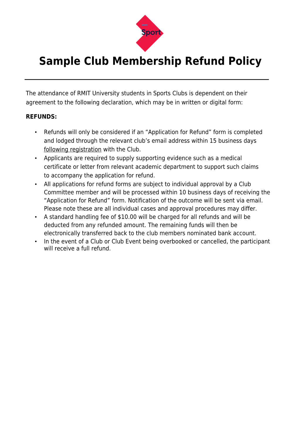 Sample Club Membership Refund Policy