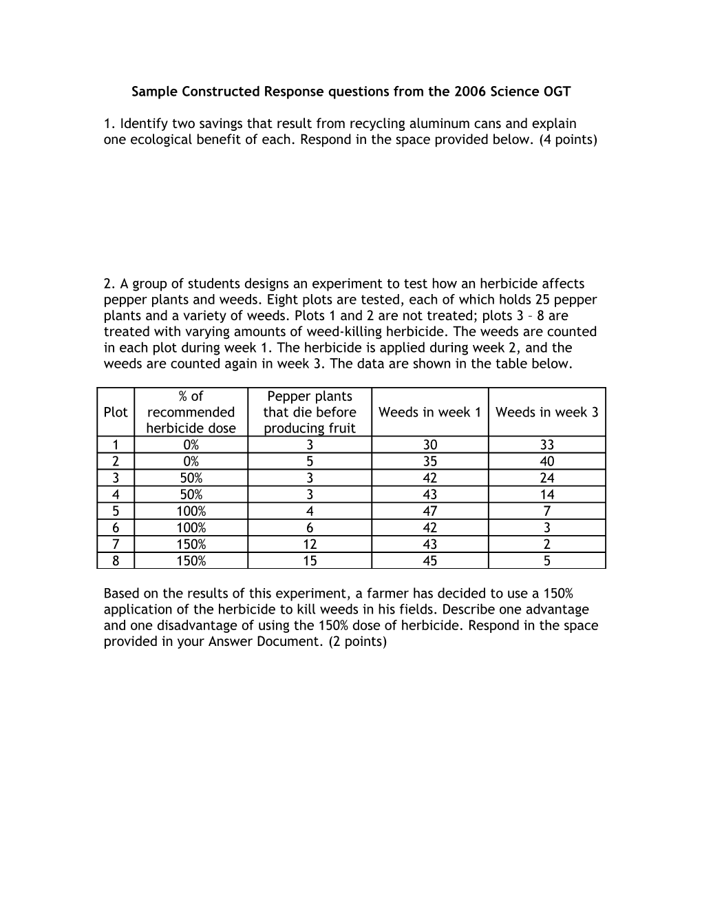 Sample Constructed Response Questions from the 2007 Science OGT