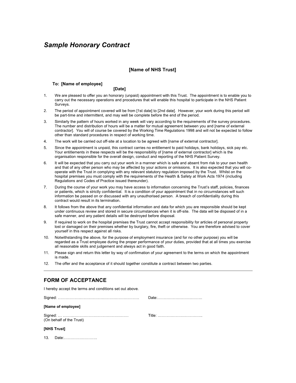 Sample Honorary Contract