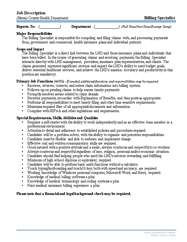 Sample Job Description for LHD Billing Specialist (Word)