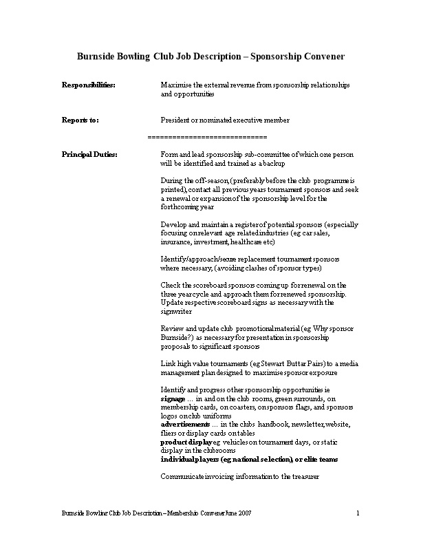 Sample Job Description - Membership Convener
