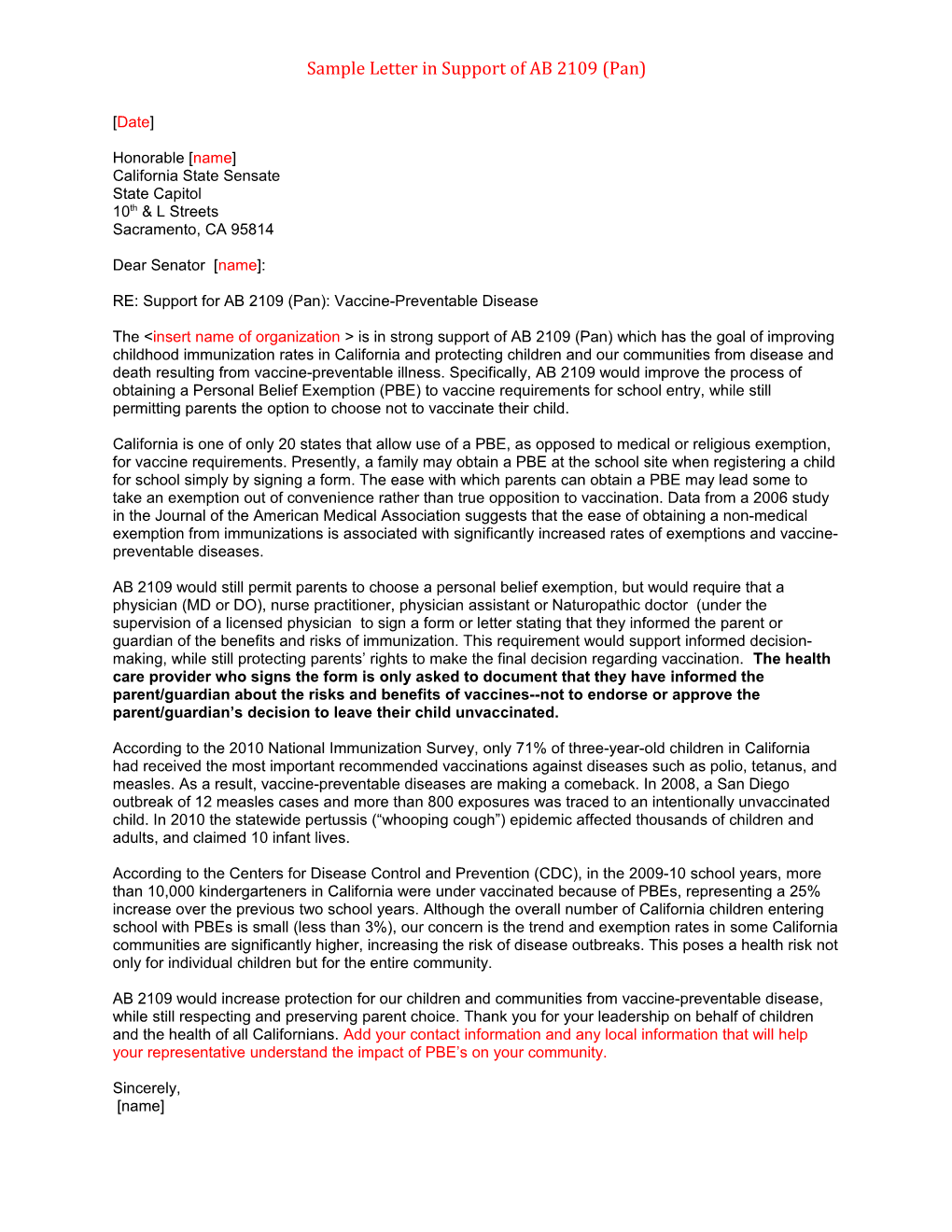 Sample Letter in Support of AB 2109 (Pan)