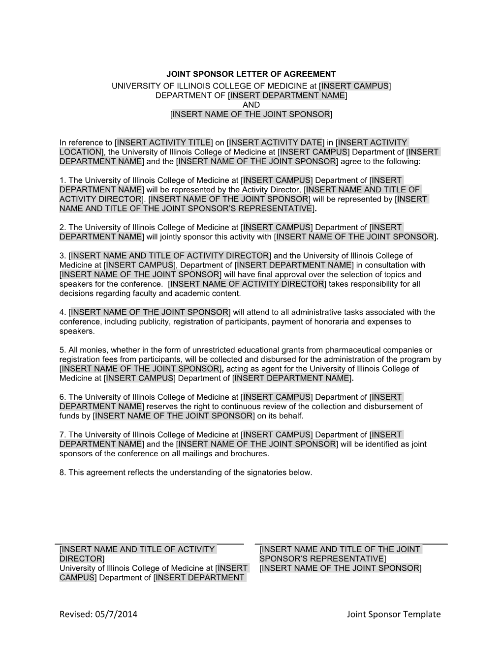Sample Letter of Agreement for Jointly Sponsored CME Activities