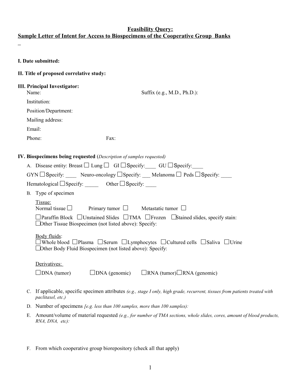 Sample Letter of Intent for Access to Biospecimens of the Cooperative Group Bank