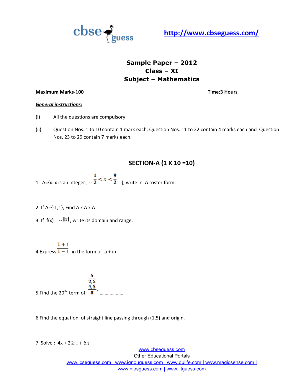 Sample Paper 2012 Class XI Subject Mathematics