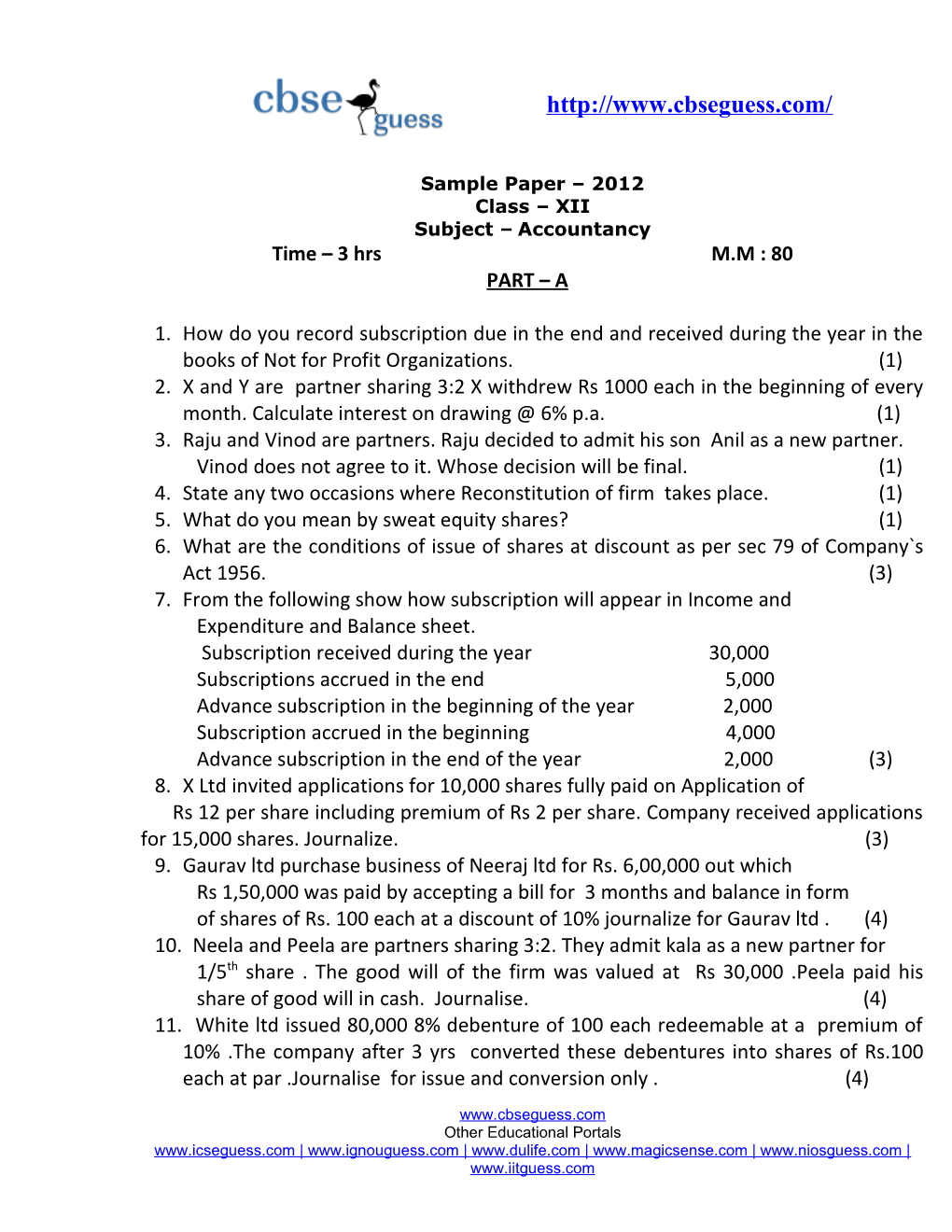 Sample Paper 2012 Class XII Subject Accountancy