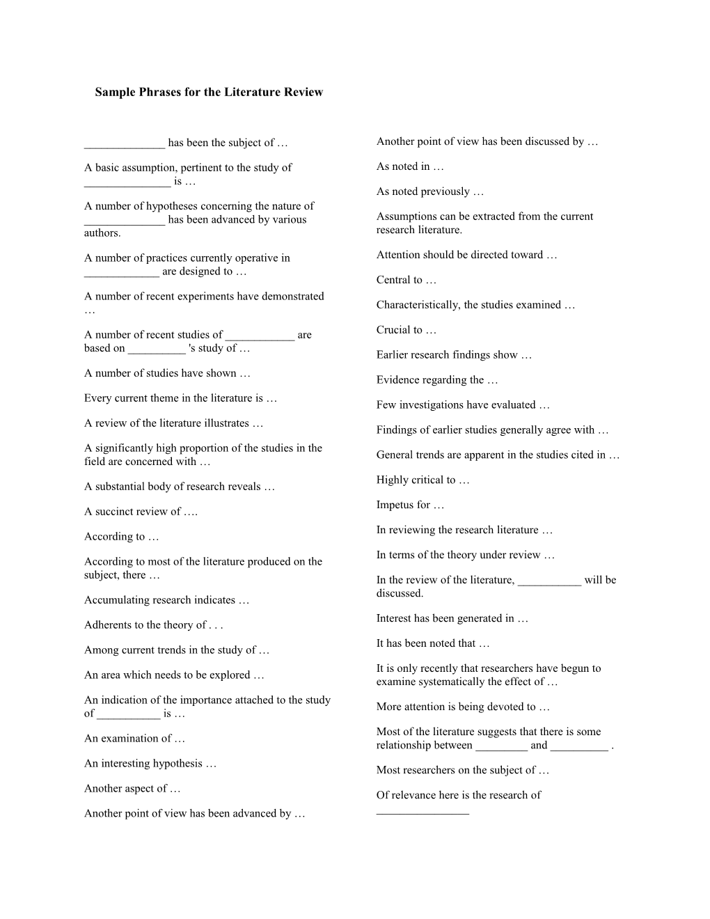 Sample Phrases for the Literature Review