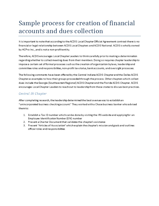 Sample Process for Creation of Financial Accounts and Dues Collection