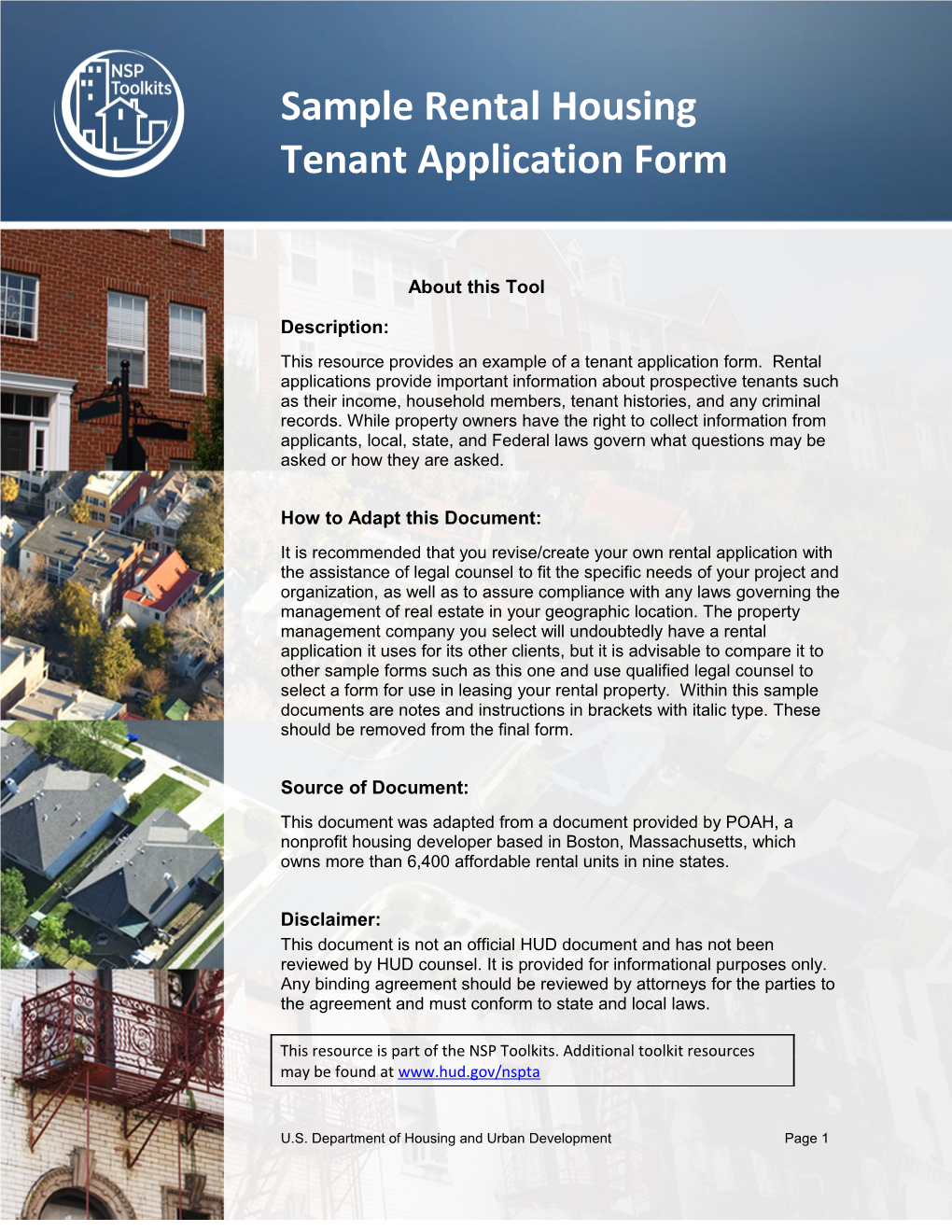Sample Rental Housing Tenant Application