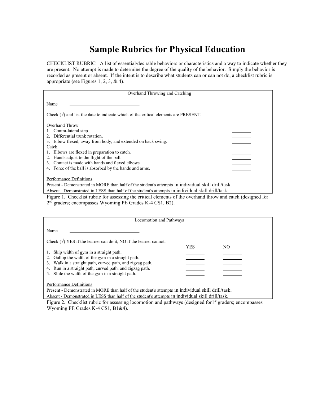 Sample Rubrics for Physical Education