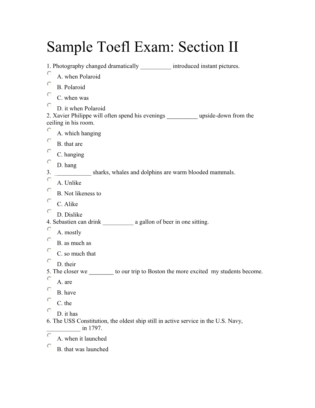 Sample Toefl Exam: Section II