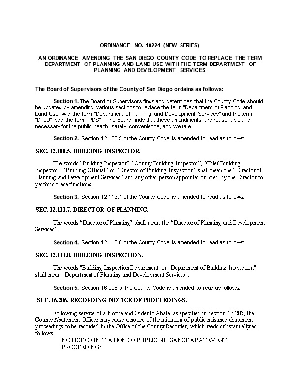 San Diego County Code of Regulatory Ordinances