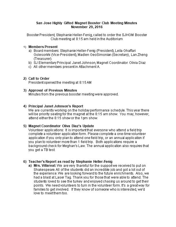 San Jose Highly Gifted Magnet Booster Club Meeting Minutes November 29, 2016