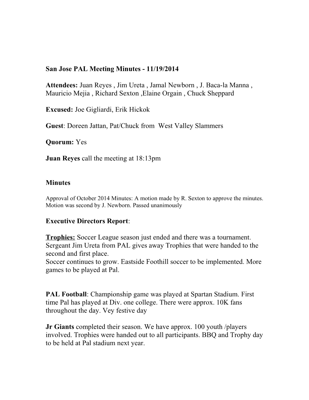 San Jose PAL Meeting Minutes - 11/19/2014
