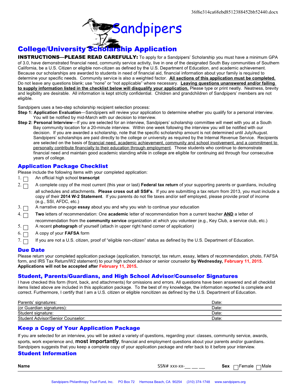 Sandpipers Scholarship Application