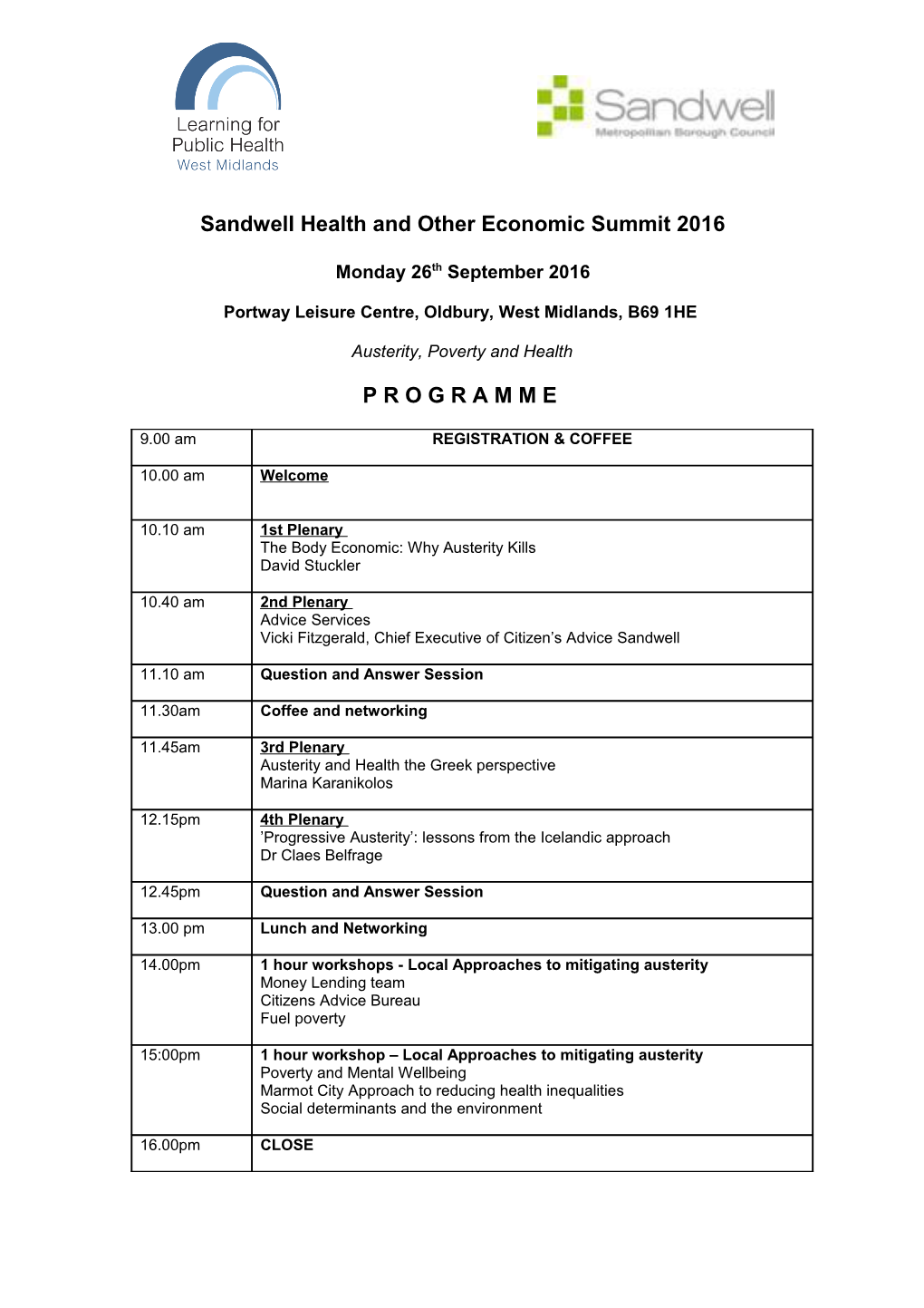 Sandwell Health and Other Economic Summit 2016