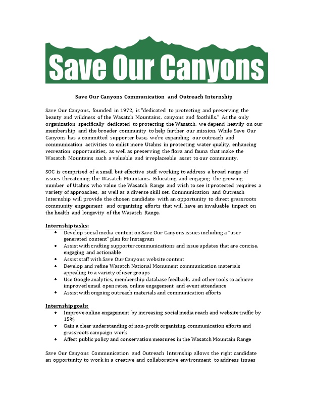 Save Our Canyons Communication and Outreach Internship